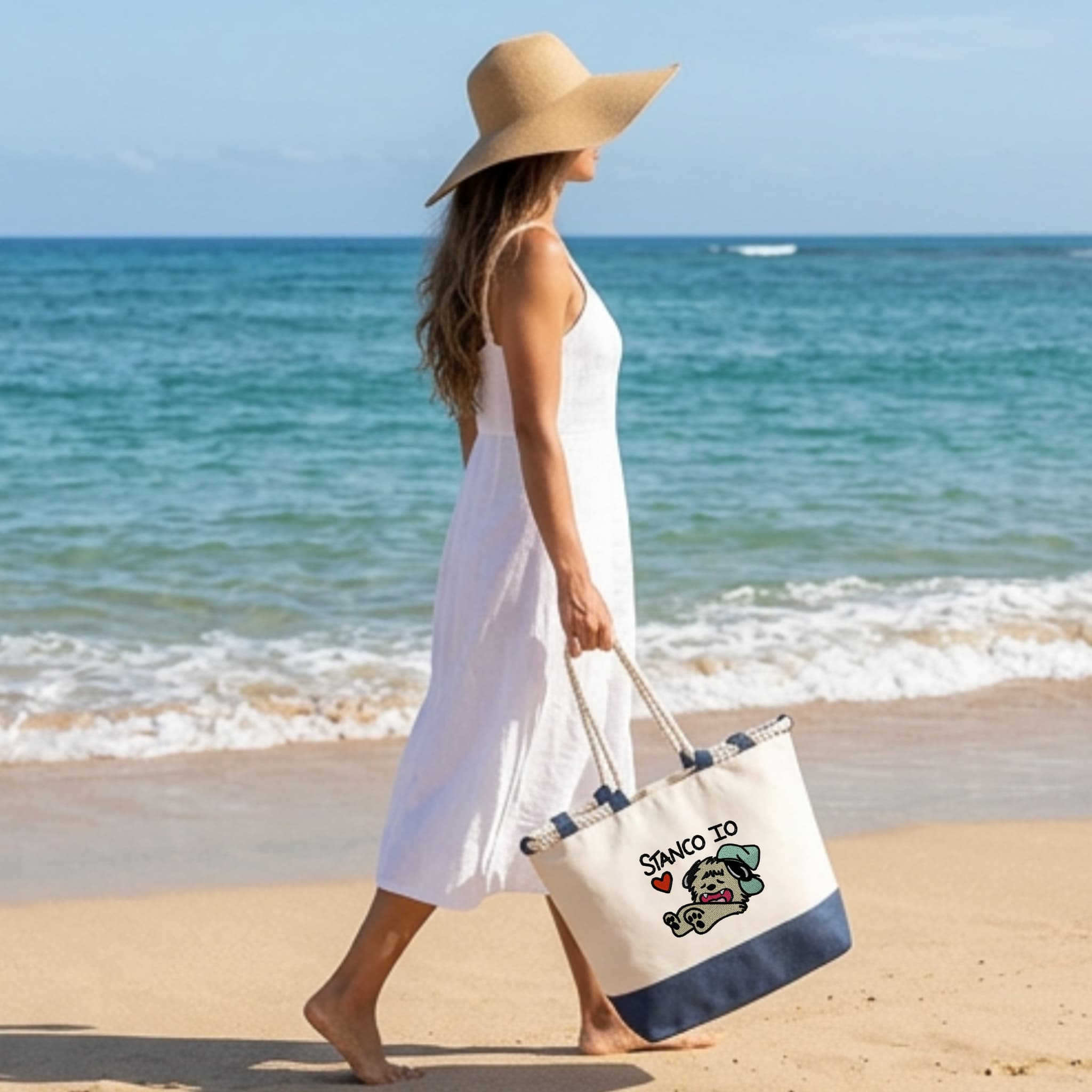 Borsa Mare in Cotone Resistente 280 g/m² 50×34×17,5 cm – Manici Lunghi Rinforzati 50 cm – Design Ricamato io Stanco