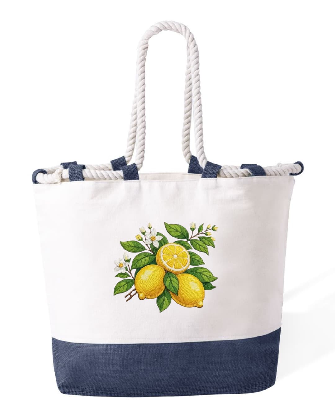 Bolso playero de algodón resistente de 280 g/m² – Asas largas reforzadas de 50 cm – Diseño bordado de limones