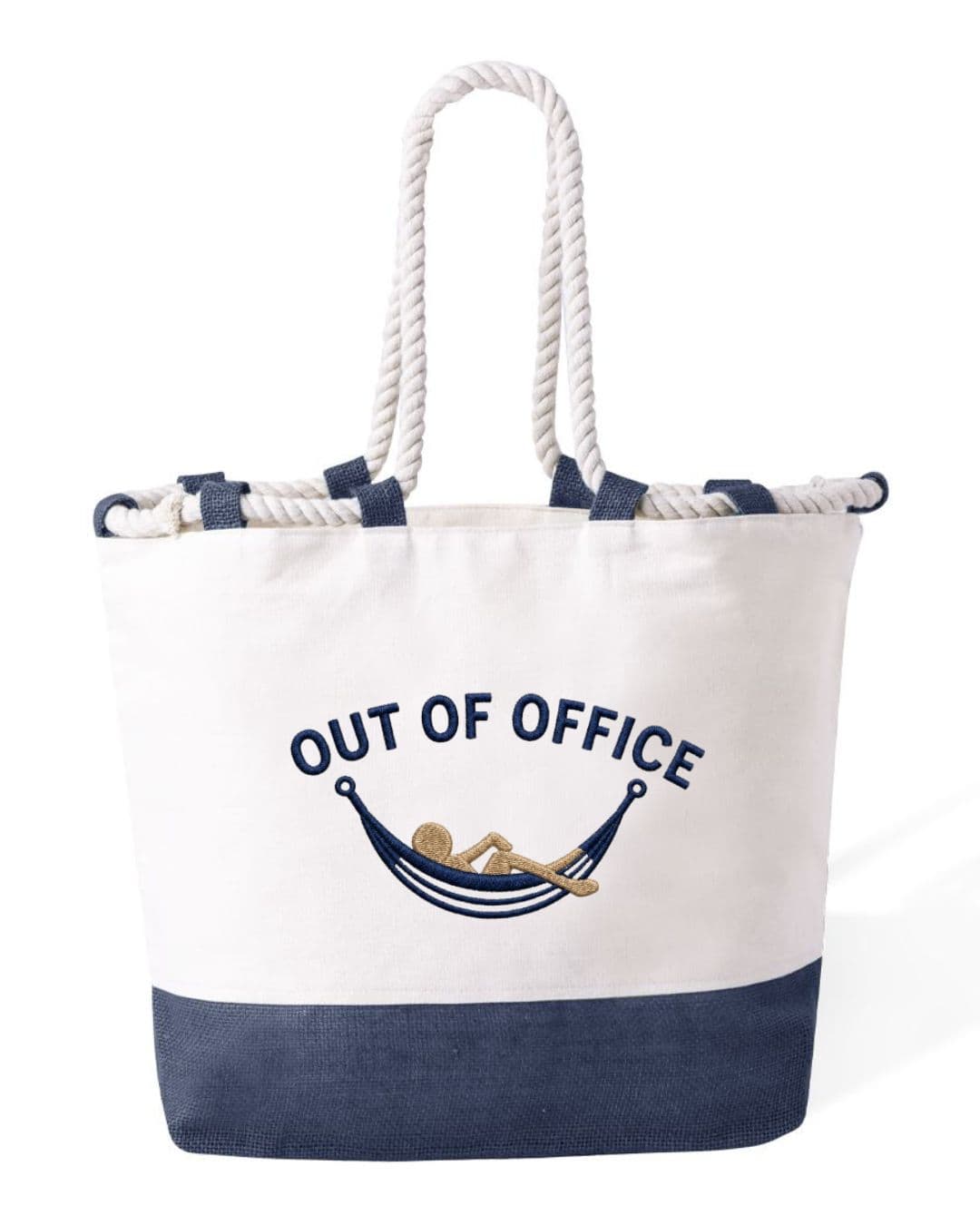 Borsa Mare in Cotone Resistente 280 g/m² 50×34×17,5 cm – Manici Lunghi Rinforzati 50 cm – Design Ricamato Scritta Out Of Office con Amaca