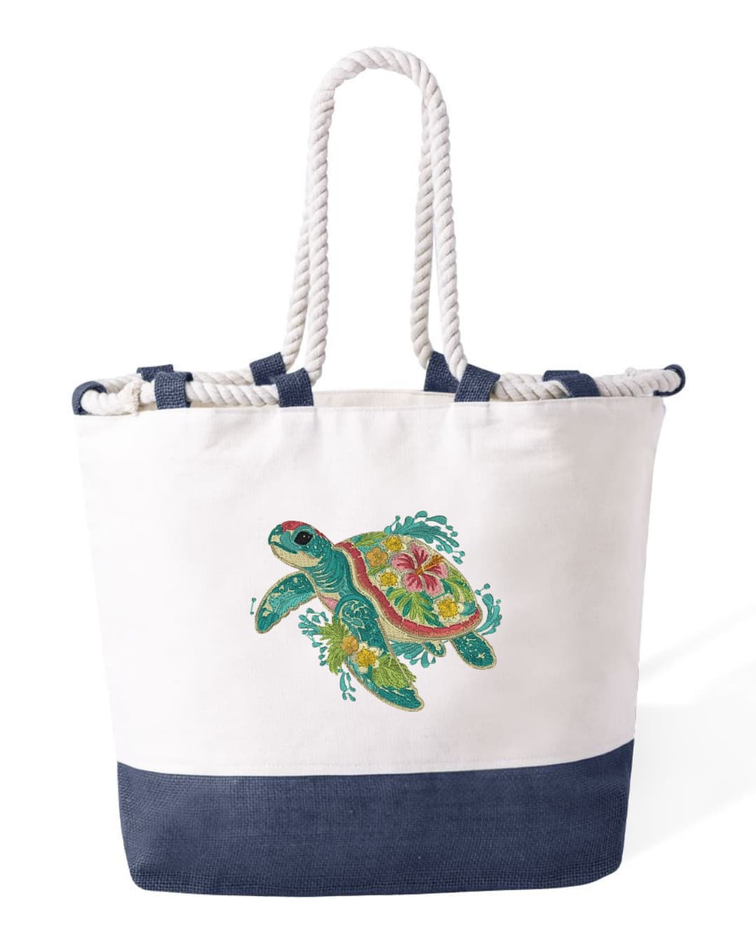 Durable Cotton Beach Bag 280 gsm – Reinforced Long Handles 50 cm – Embroidered Sea Turtle Design