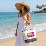 Bolso de playa de algodón resistente 280 g/m² – Asas largas reforzadas 50 cm – Diseño bordado Faro al atardecer