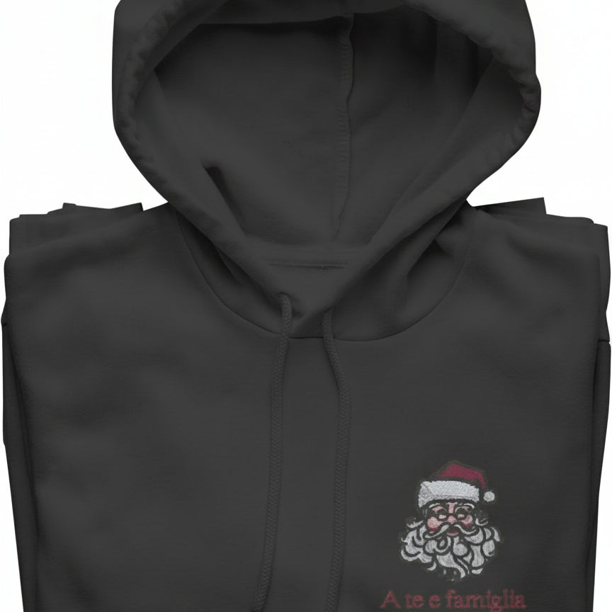Felpa Ricamata Unisex – Morbida con Cappuccio e Tasca Frontale – Babbo Natale A te e famiglia