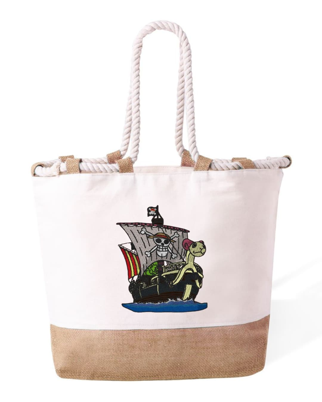 Ricamo Personalizzato - Borsa Mare in Cotone Resistente 280 g/m² – Manici Lunghi Rinforzati 50 cm – Design Ricamato Barca Pirati-Biiply