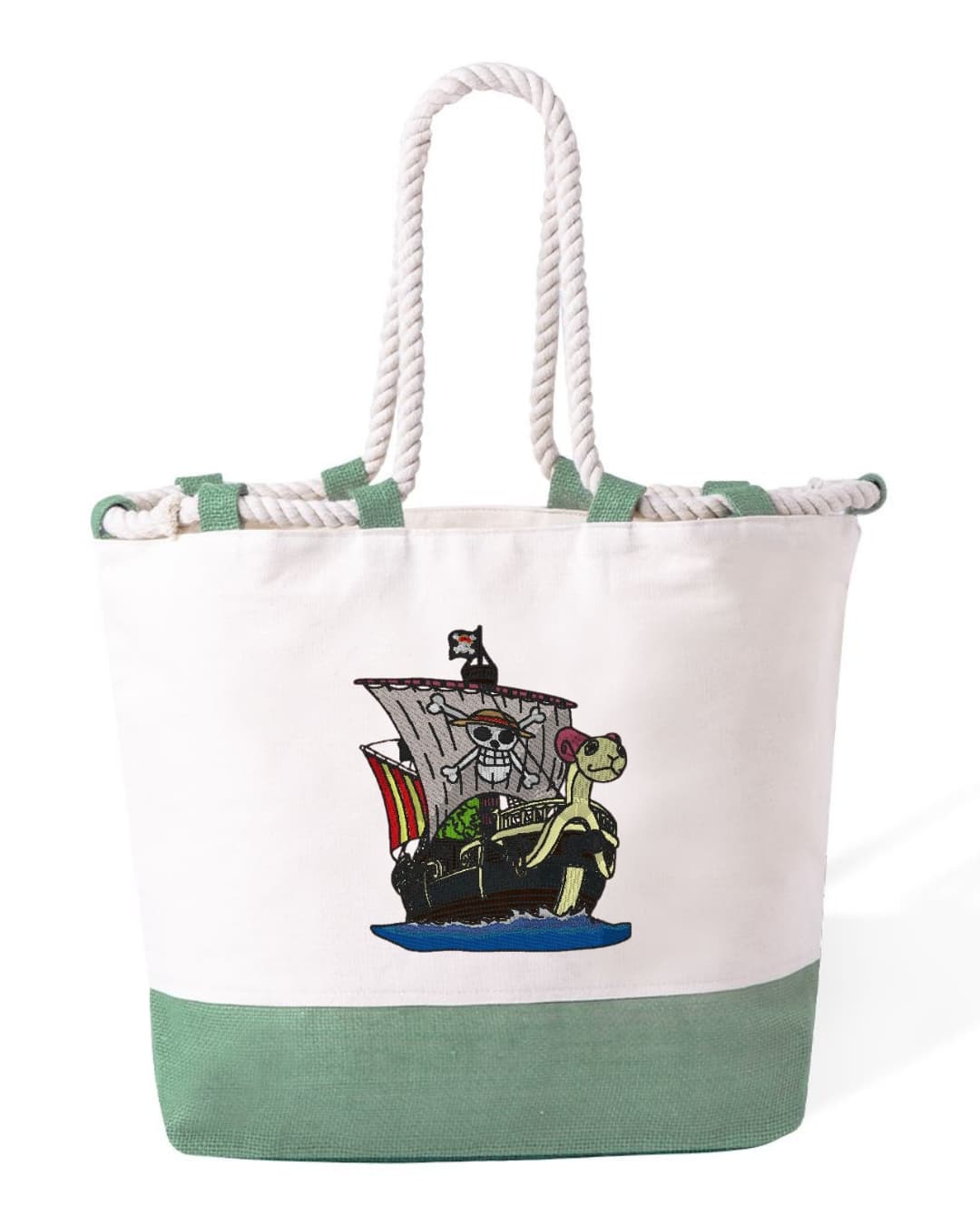 Ricamo Personalizzato - Borsa Mare in Cotone Resistente 280 g/m² – Manici Lunghi Rinforzati 50 cm – Design Ricamato Barca Pirati-Biiply