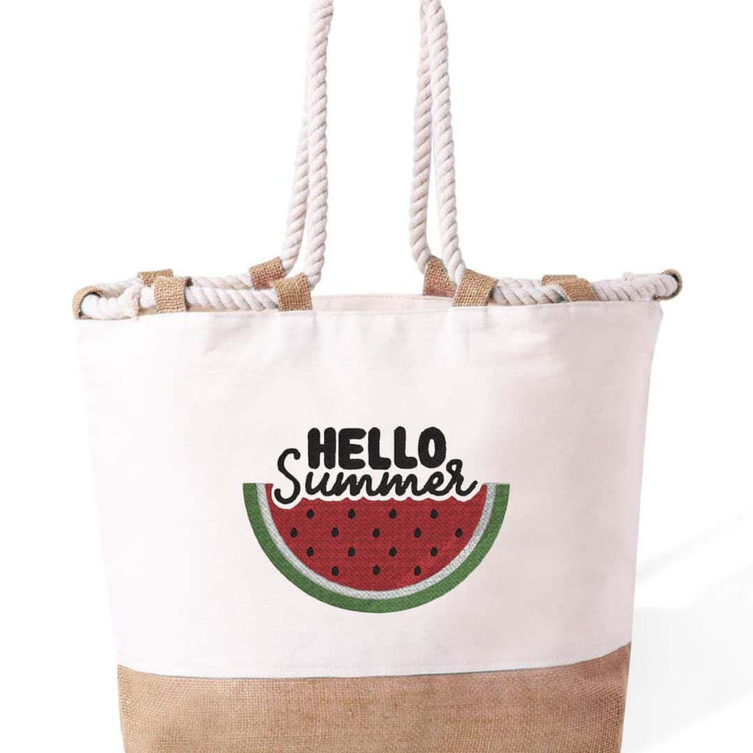 m² – Manici Lunghi Rinforzati 50 cm – Design Ricamato Con Scritta Hello Summer + Cocomero-Biiply