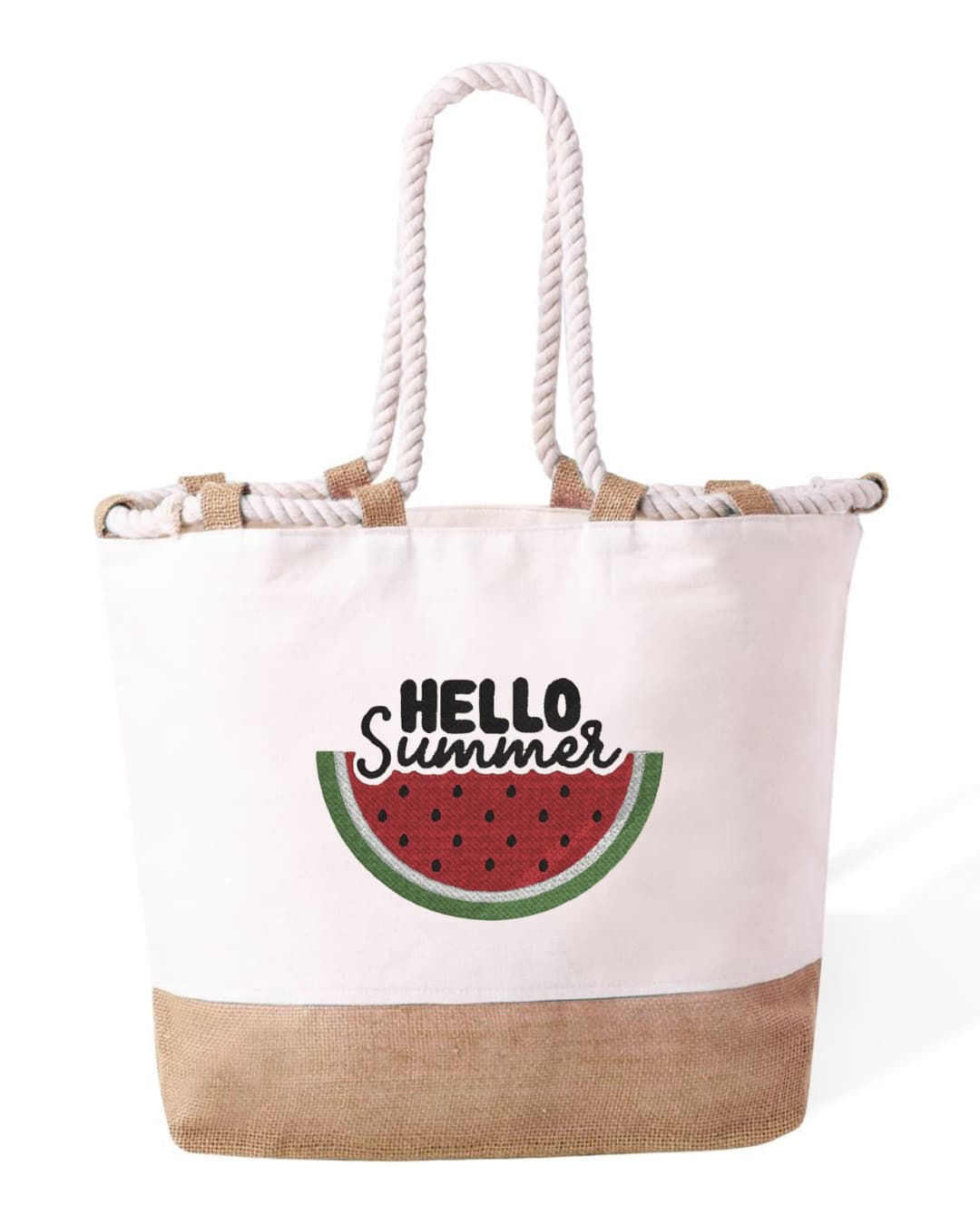 Ricamo Personalizzato - Borsa Mare in Cotone Resistente 280 g/m² – Manici Lunghi Rinforzati 50 cm – Design Ricamato Con Scritta Hello Summer + Cocomero-Biiply