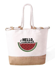 Ricamo Personalizzato - Borsa Mare in Cotone Resistente 280 g/m² – Manici Lunghi Rinforzati 50 cm – Design Ricamato Con Scritta Hello Summer + Cocomero-Biiply