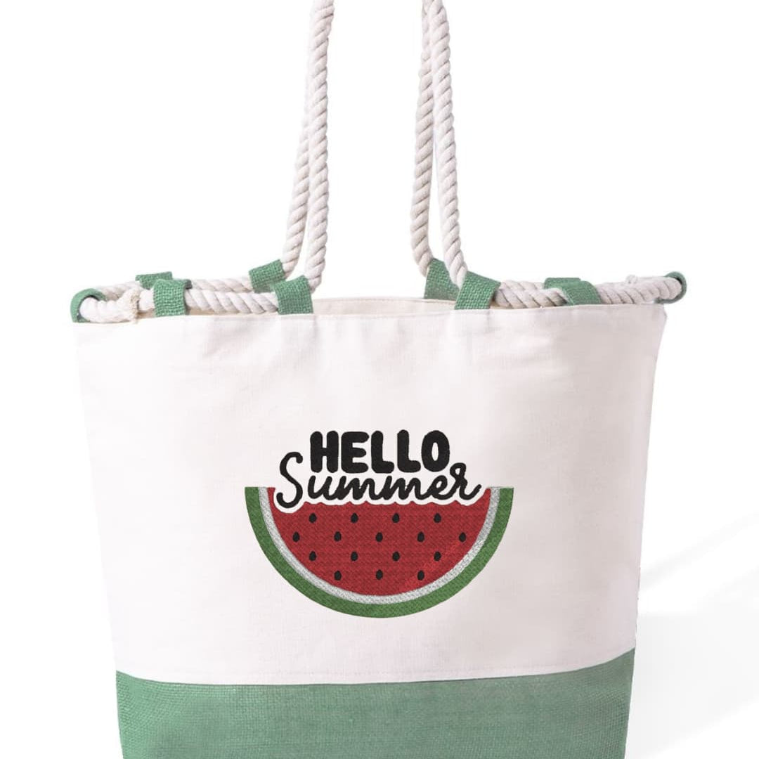 m² – Manici Lunghi Rinforzati 50 cm – Design Ricamato Con Scritta Hello Summer + Cocomero-Biiply
