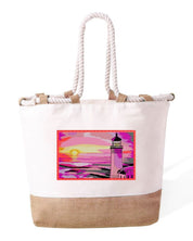 Ricamo Personalizzato - Borsa Mare in Cotone Resistente 280 g/m² – Manici Lunghi Rinforzati 50 cm – Design Ricamato Faro al tramonto-Biiply