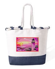 Ricamo Personalizzato - Borsa Mare in Cotone Resistente 280 g/m² – Manici Lunghi Rinforzati 50 cm – Design Ricamato Faro al tramonto-Biiply
