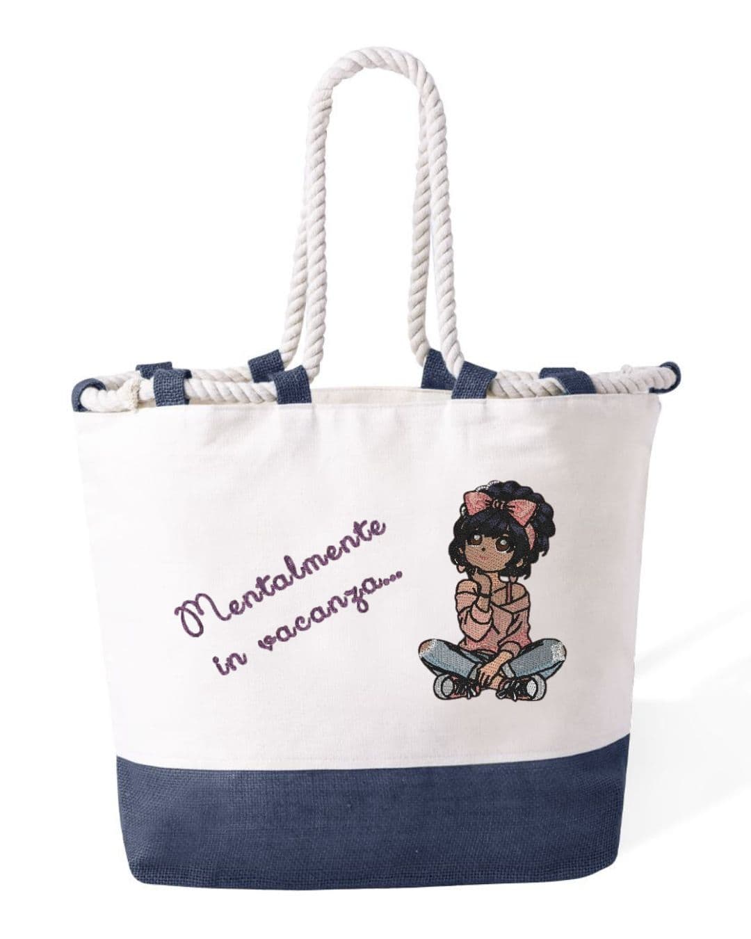 Ricamo Personalizzato - Borsa Mare in Cotone Resistente 280 g/m² – Manici Lunghi Rinforzati 50 cm – Design Ricamato Mentalmente in Vacanza-Biiply