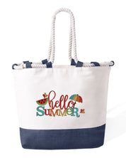 Ricamo Personalizzato - Borsa Mare in Cotone Resistente 280 g/m² – Manici Lunghi Rinforzati 50 cm – Design Ricamato Scritta Hello Summer con ombrellone-Biiply