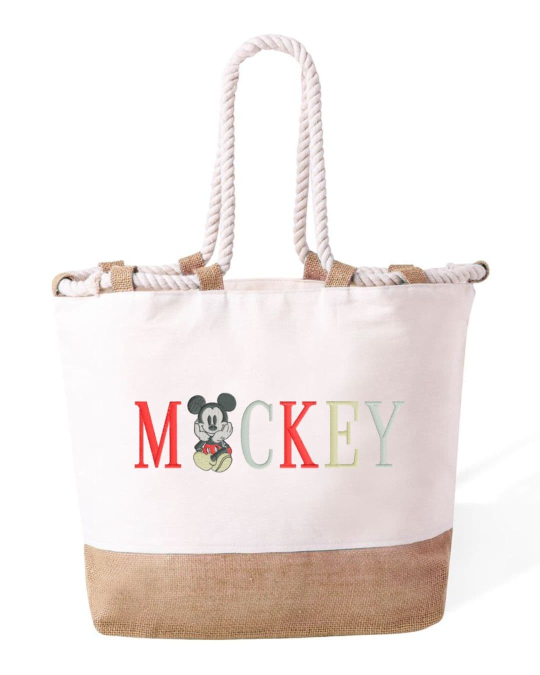 Ricamo Personalizzato - Borsa Mare in Cotone Resistente 280 g/m² – Manici Lunghi Rinforzati 50 cm – Design Ricamato Scritta Mickey-Biiply