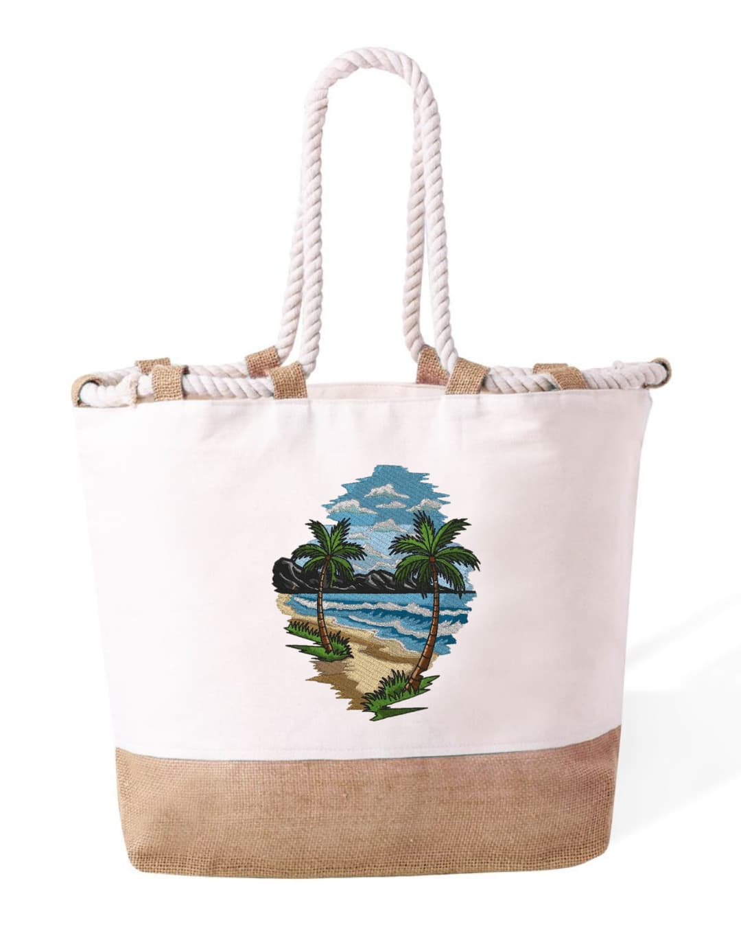 Ricamo Personalizzato - Borsa Mare in Cotone Resistente 280 g/m² – Manici Lunghi Rinforzati 50 cm – Design Ricamato Spiaggia con palme-Biiply