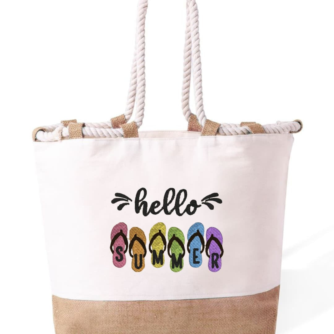 m² – Manici Lunghi Rinforzati 50 cm – Design Ricamato con ciabatte e scritta hello summer-Biiply