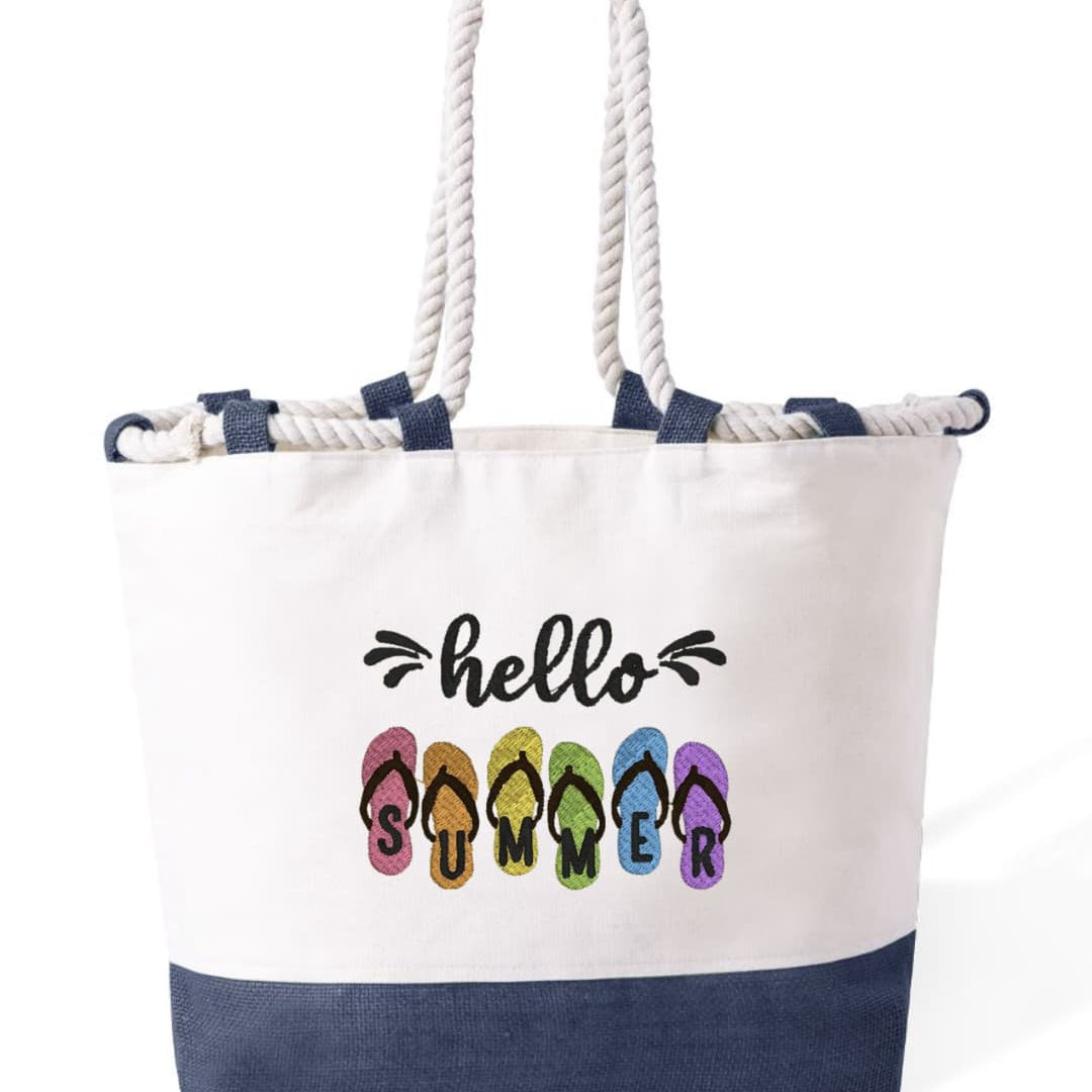 m² – Manici Lunghi Rinforzati 50 cm – Design Ricamato con ciabatte e scritta hello summer-Biiply
