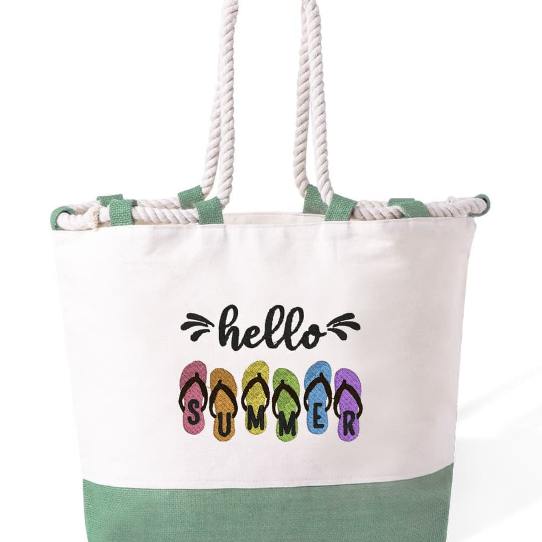 m² – Manici Lunghi Rinforzati 50 cm – Design Ricamato con ciabatte e scritta hello summer-Biiply