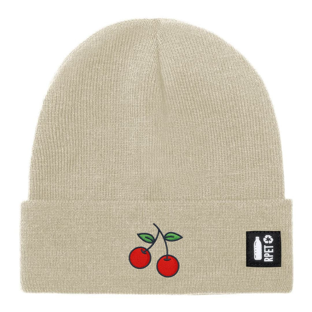 Ricamo Personalizzato - Cappello a Maglia in RPET Riciclato – Morbido e Caldo – Linea Sostenibile Naturaleine – Design Ricamato Ciliegia-Biiply