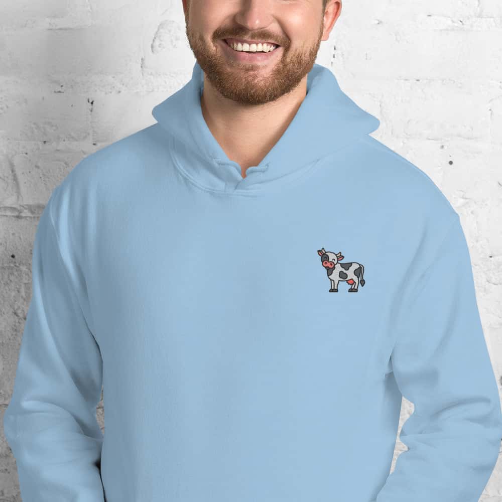 Ricamo Personalizzato - Felpa Ricamata Unisex con Cappuccio – Morbida – Design Mucca-Biiply