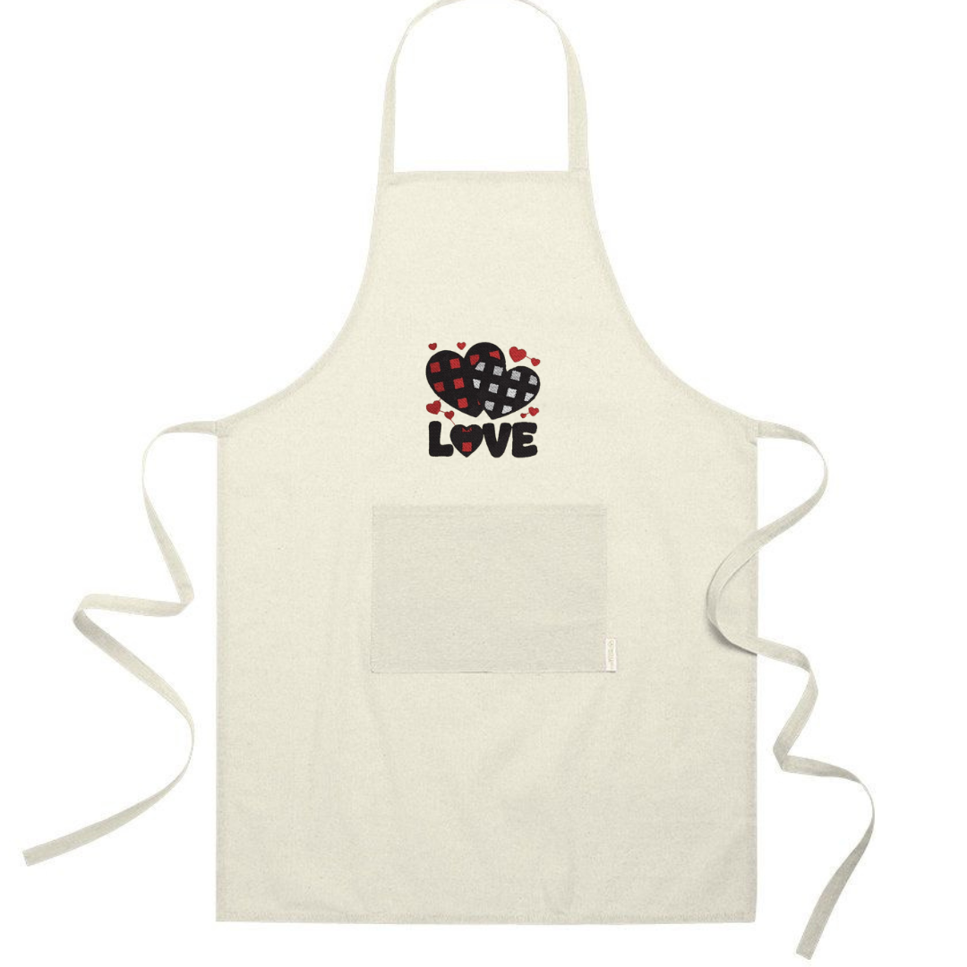 Ricamo Personalizzato - Grembiule in Cotone Riciclato – Sostenibile e Pratico – Cucina e Lavoro – Design Ricamato Scritta Love con Cuori a scacchi-Biiply