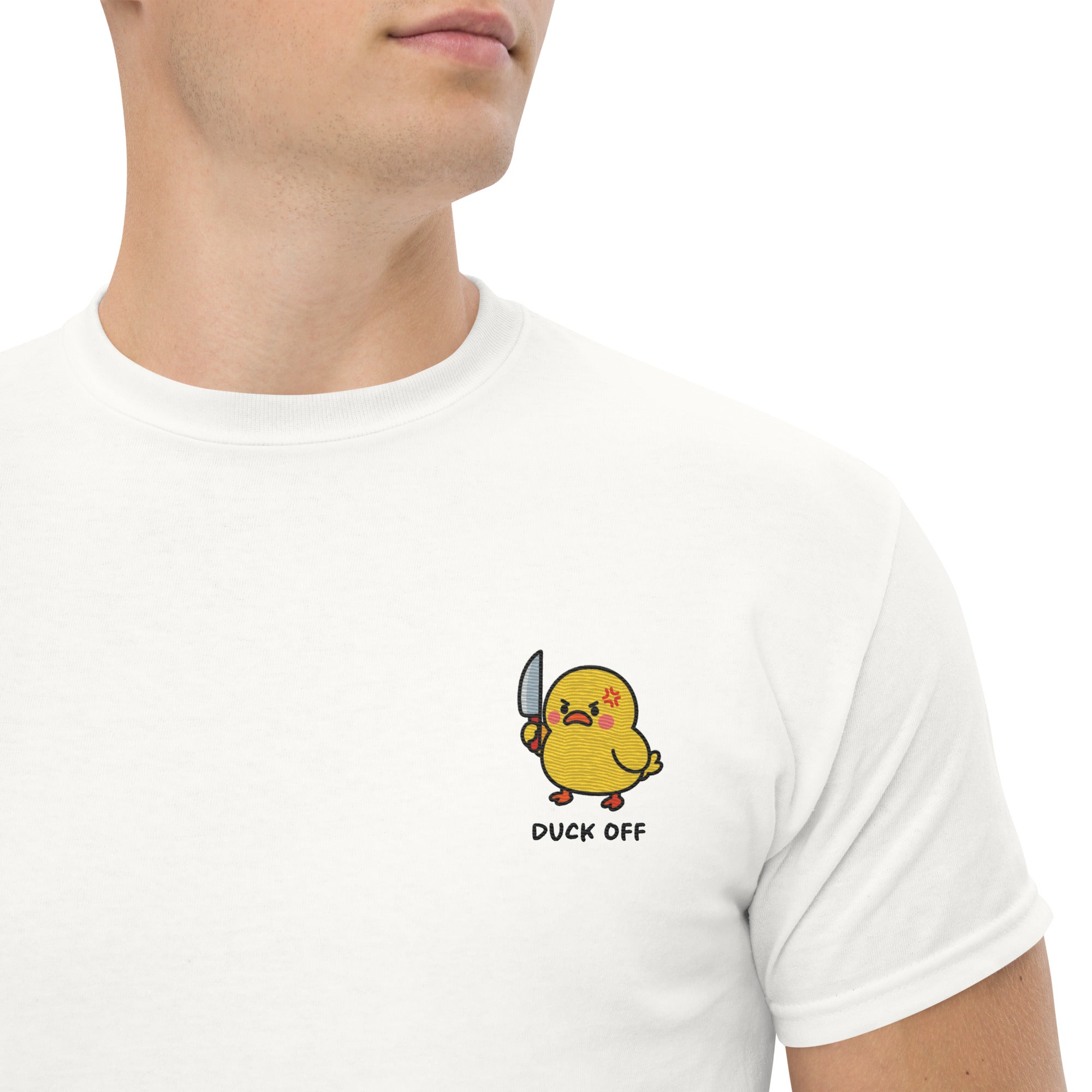 Ricamo Personalizzato - T-Shirt Unisex Ricamata 100% Cotone – Confortevole – Design Duck Off-Biiply