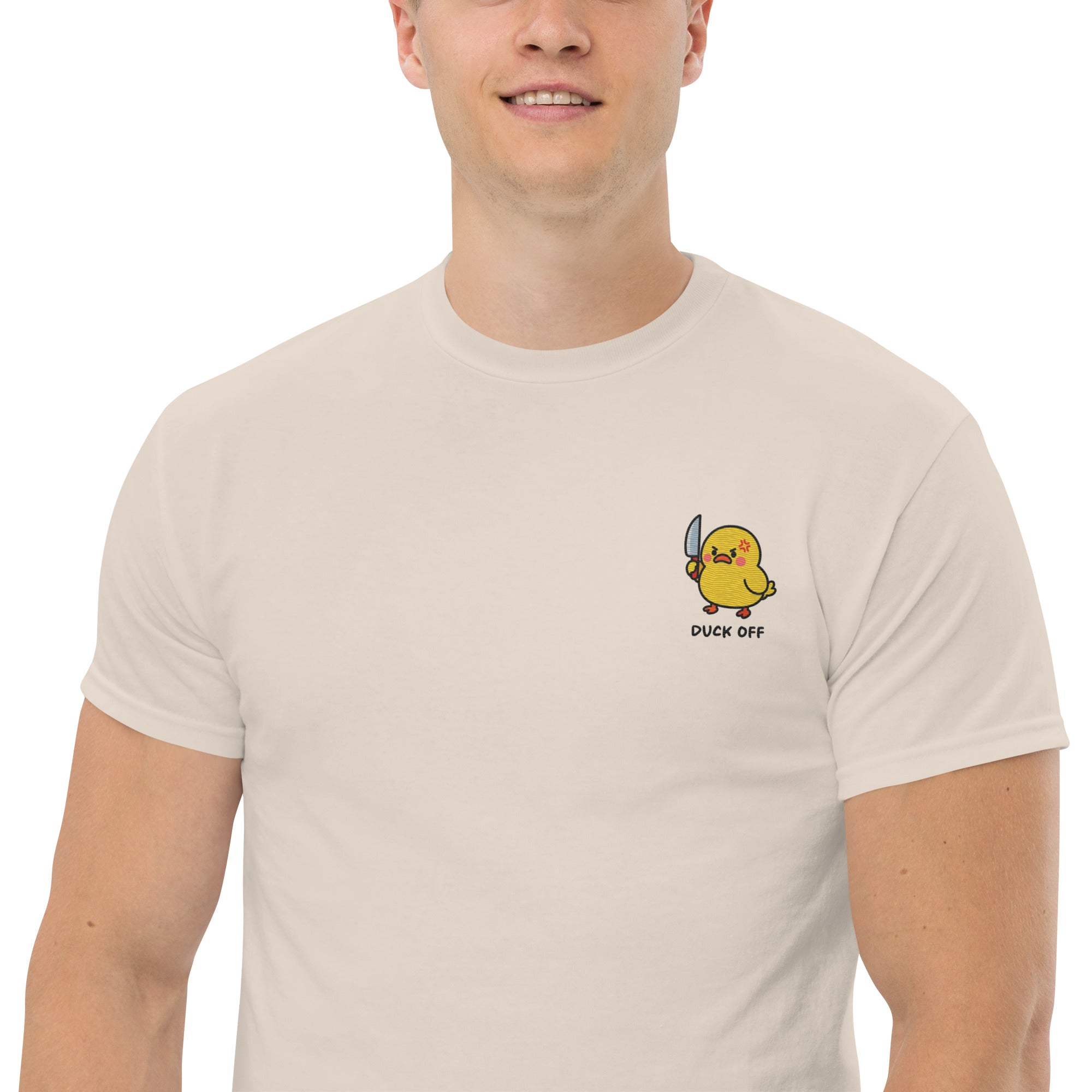 Ricamo Personalizzato - T-Shirt Unisex Ricamata 100% Cotone – Confortevole – Design Duck Off-Biiply