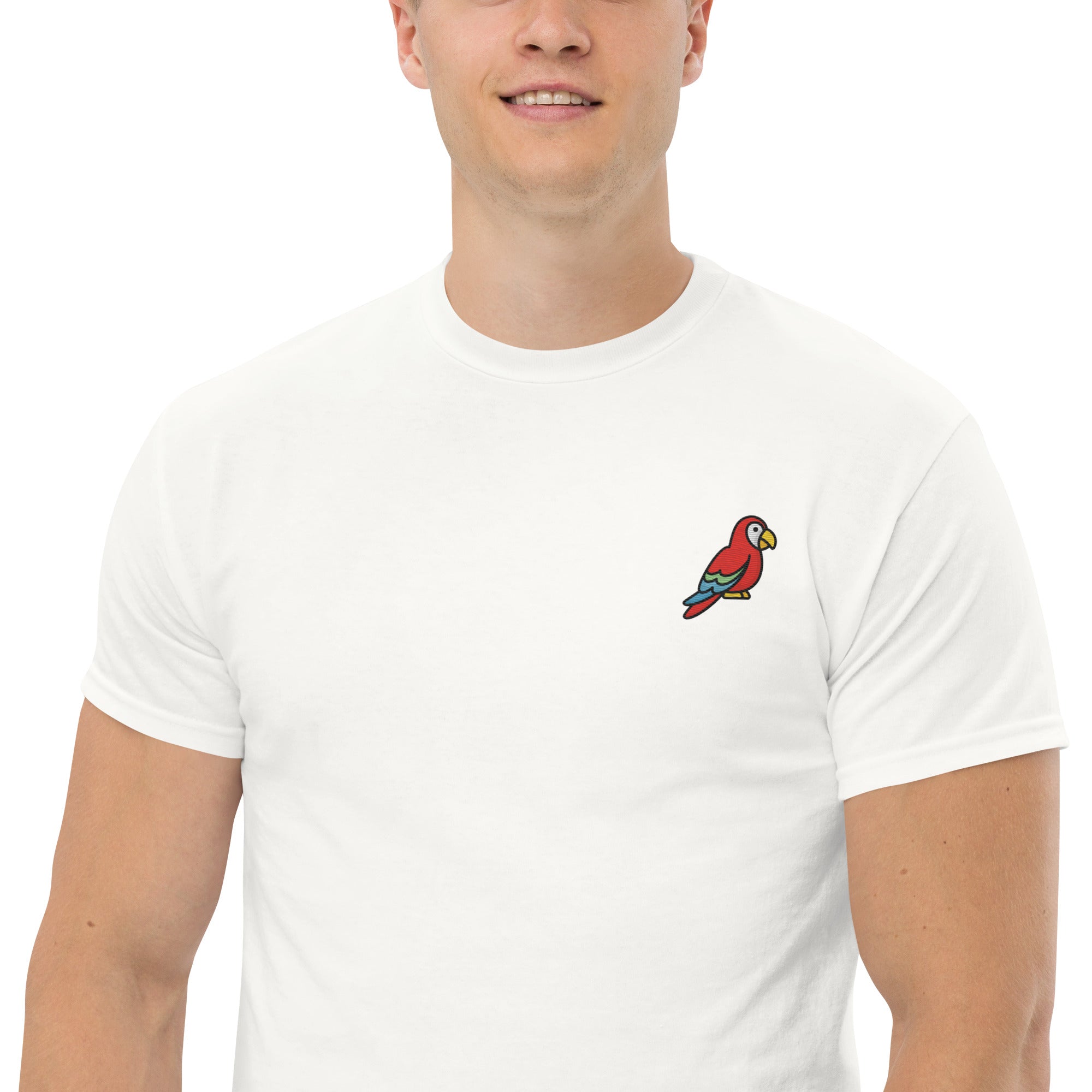 Ricamo Personalizzato - T-Shirt Unisex Ricamata 100% Cotone – Confortevole – Design Pappagallo-Biiply
