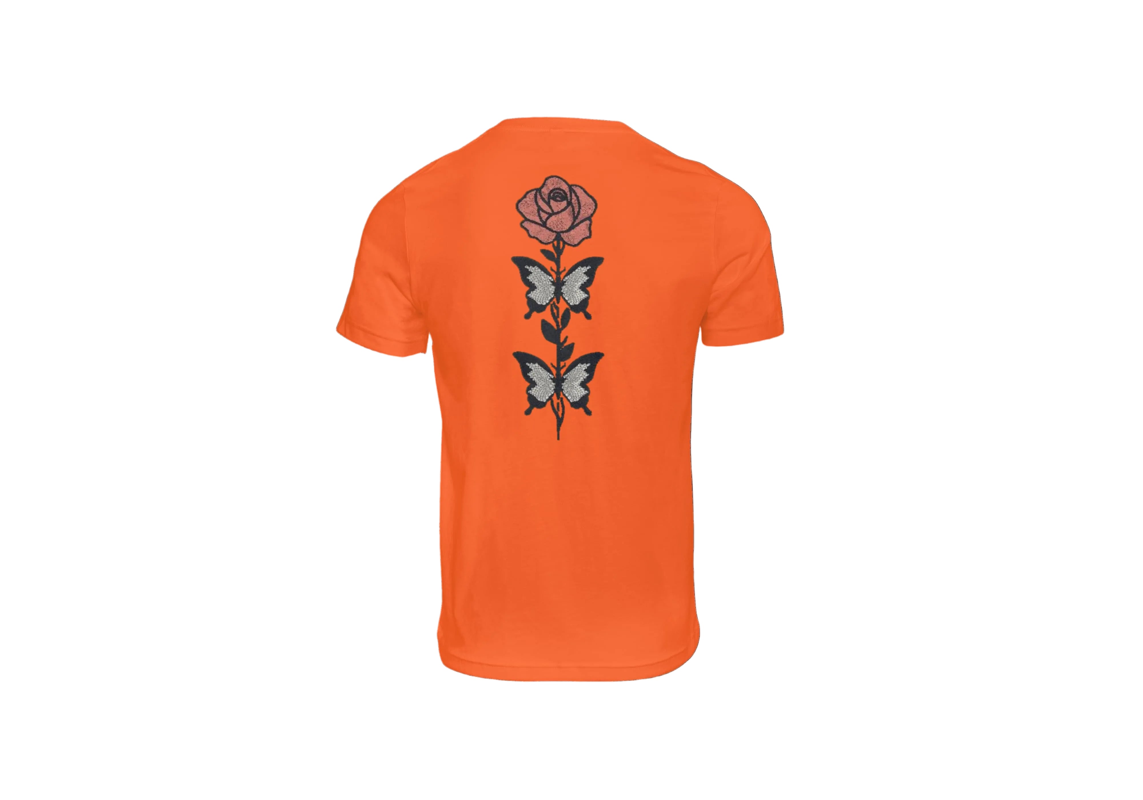 Ricamo Personalizzato - T-Shirt Unisex Ricamata sulla schiena 100% Cotone – Confortevole – Design rosa con foglie a farfalle-Biiply