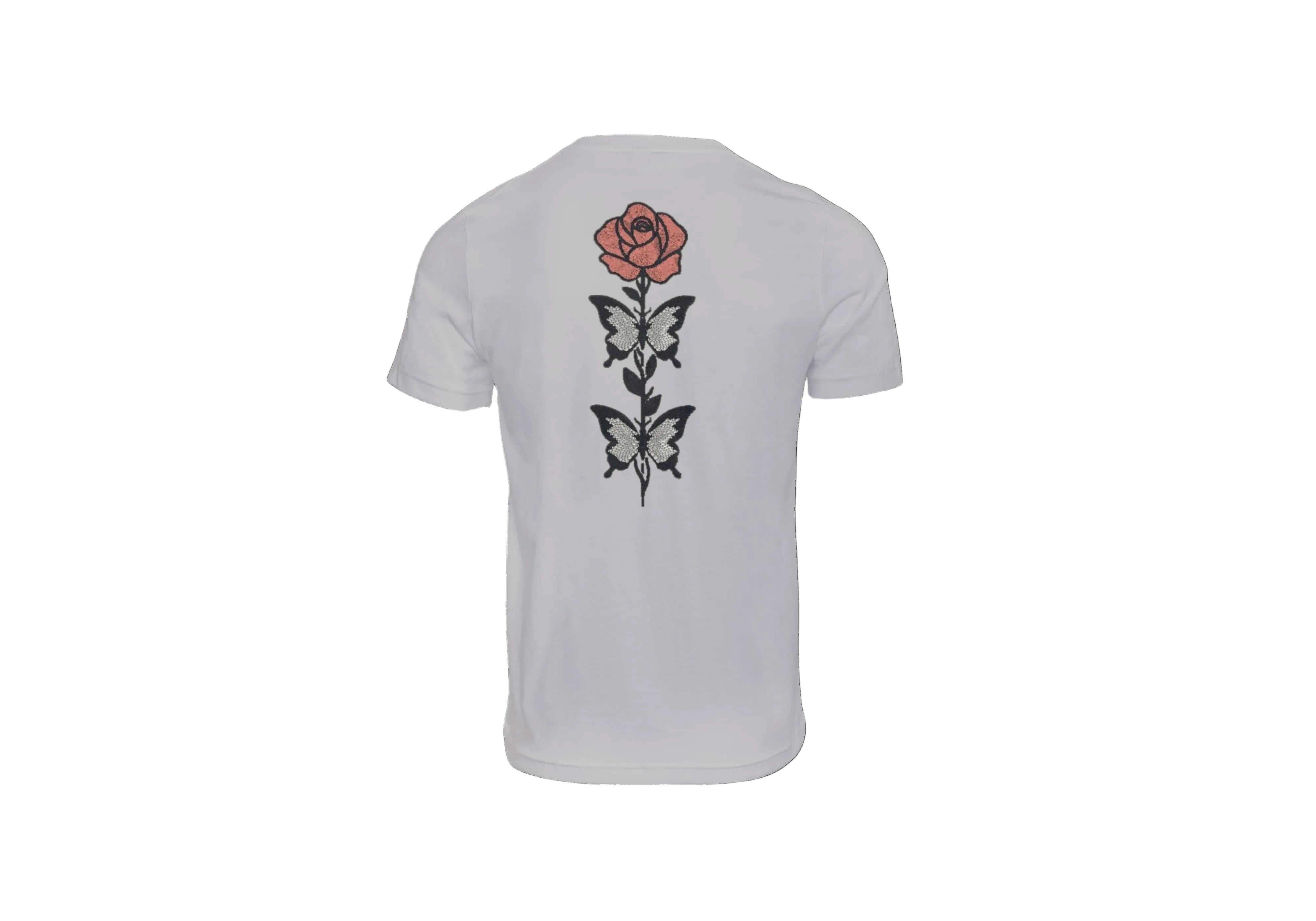 Ricamo Personalizzato - T-Shirt Unisex Ricamata sulla schiena 100% Cotone – Confortevole – Design rosa con foglie a farfalle-Biiply