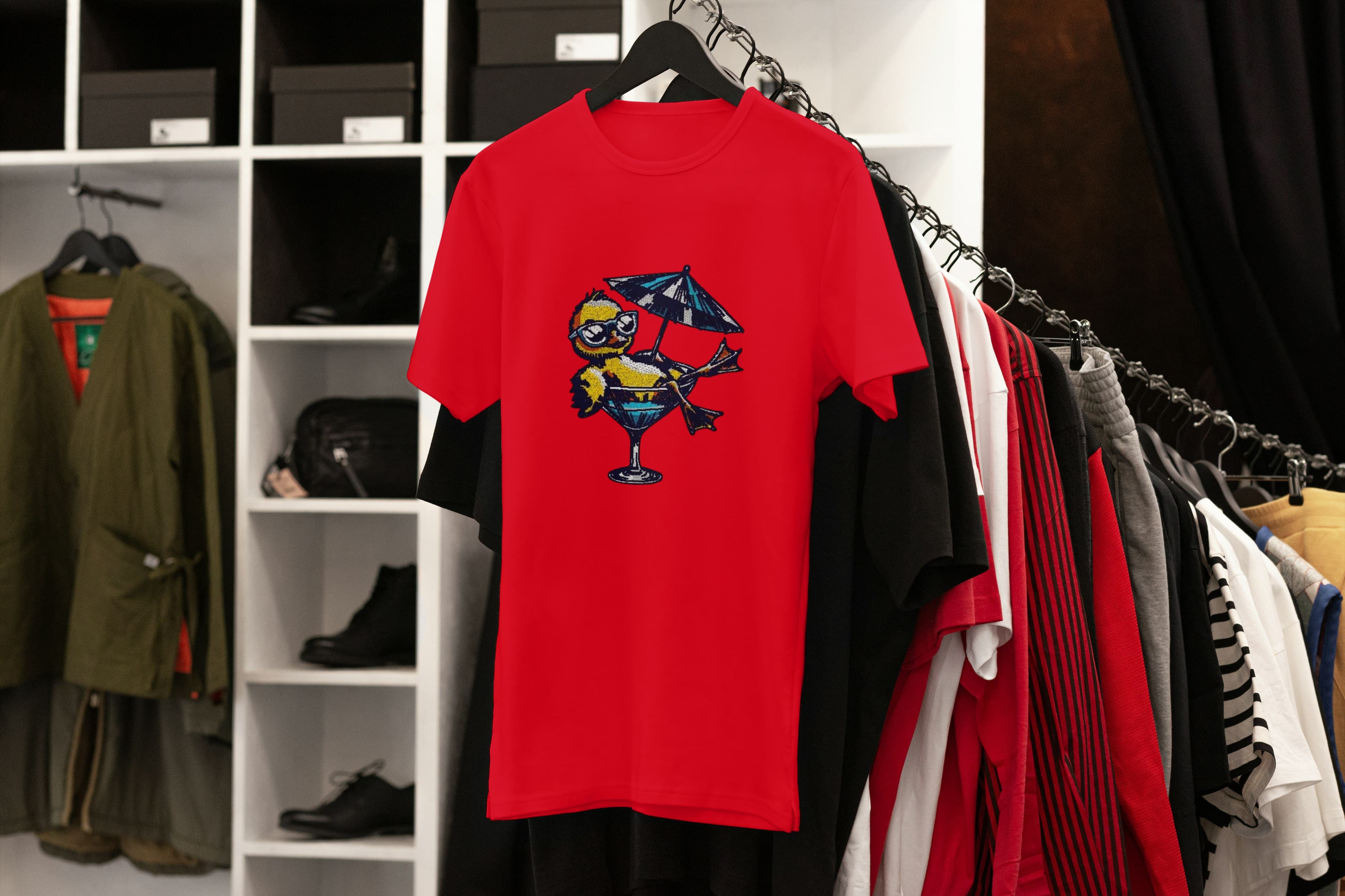 Unisex Embroidered T-Shirt 100% Cotton – Comfortable – Duck in Cocktail Design