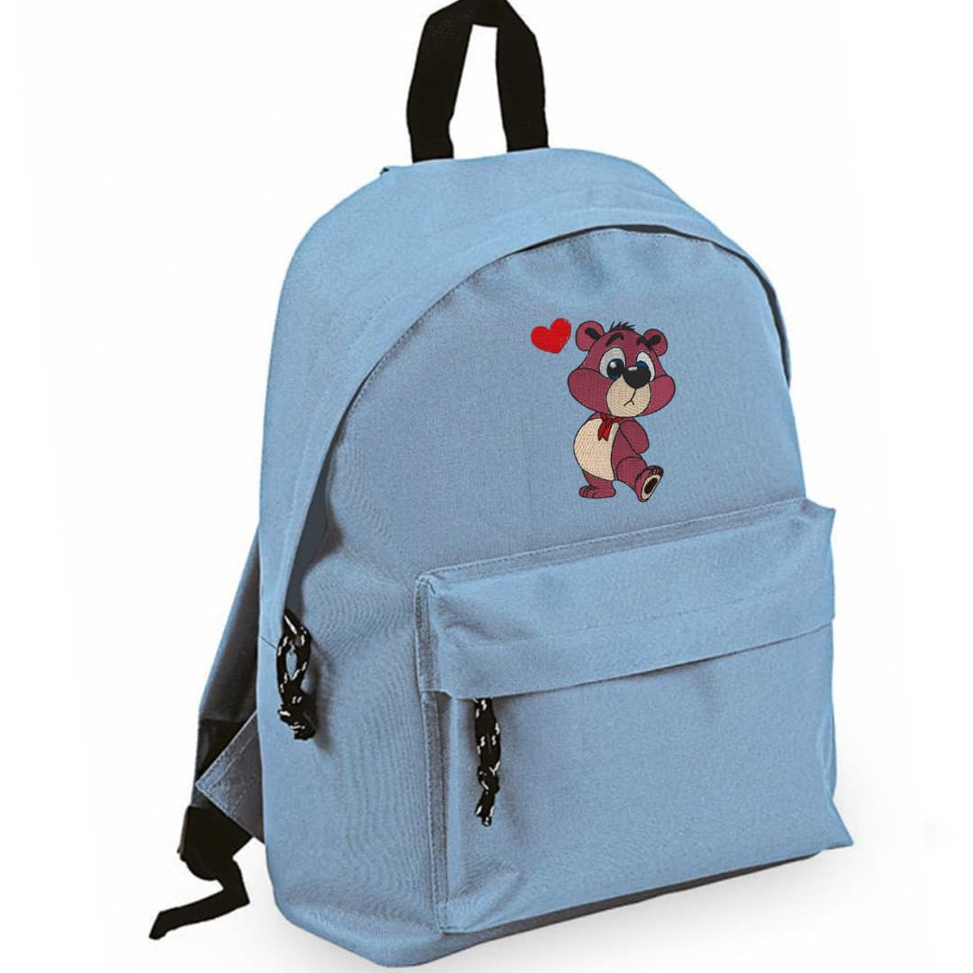 Zaino Bambino in Poliestere 600D 28x38x12 cm – Schienale Imbottito e Spallacci Regolabili - Design Ricamato Orsetto con Cuore