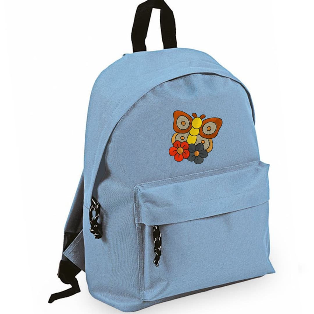 Zaino Bambino in Poliestere 600D 28x38x12 cm – Schienale Imbottito e Spallacci Regolabili - Design Ricamato Farfalla con Fiori