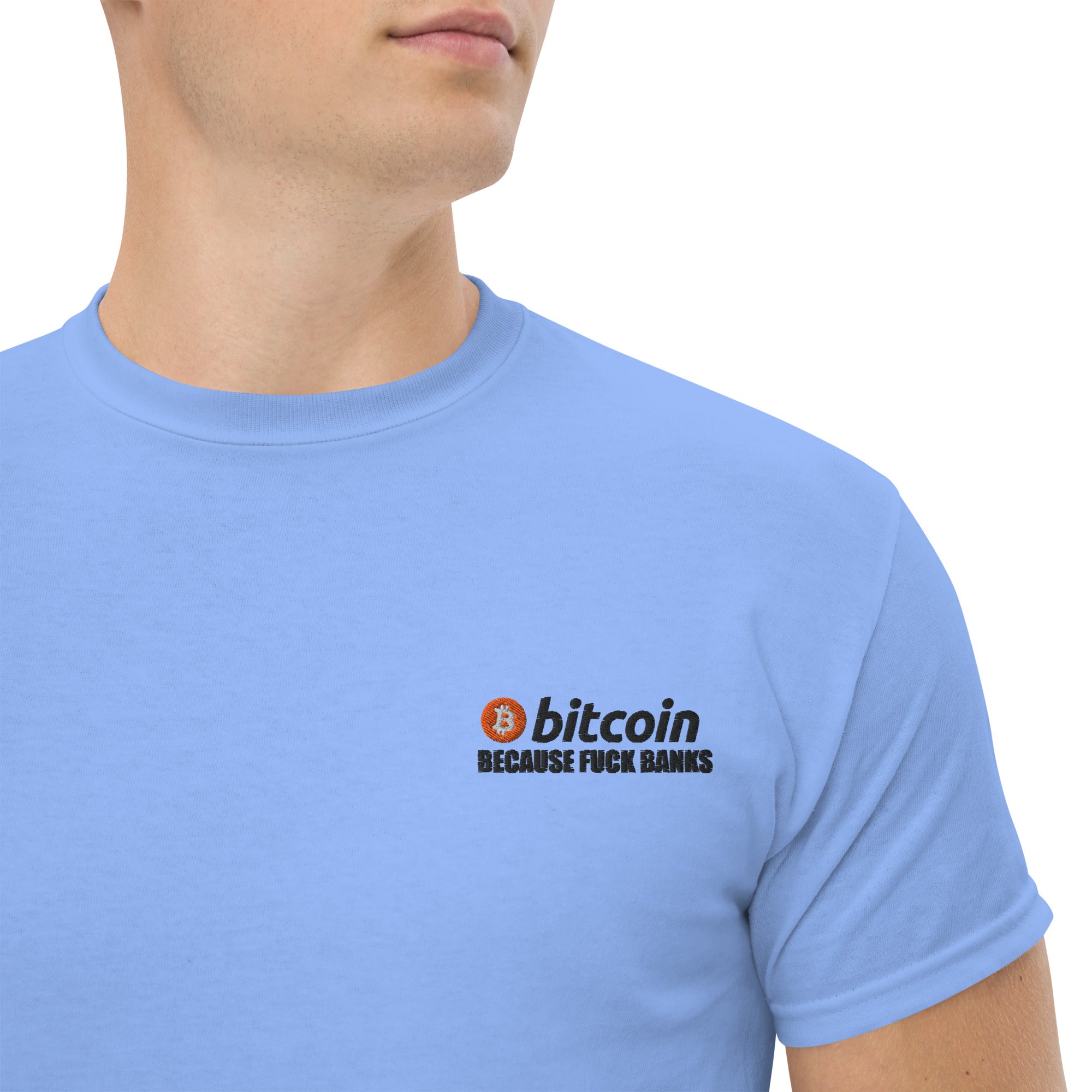 T-Shirt Unisex Ricamata 100% Cotone – Confortevole – Design Bitcoin Because Fuck Bank-Biiply