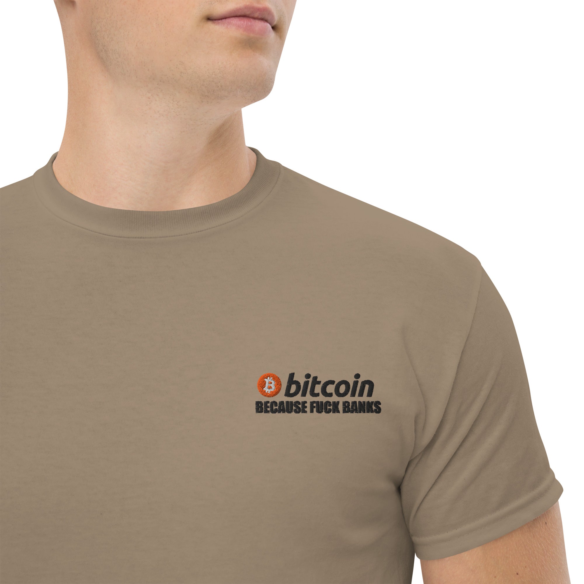 T-Shirt Unisex Ricamata 100% Cotone – Confortevole – Design Bitcoin Because Fuck Bank-Biiply