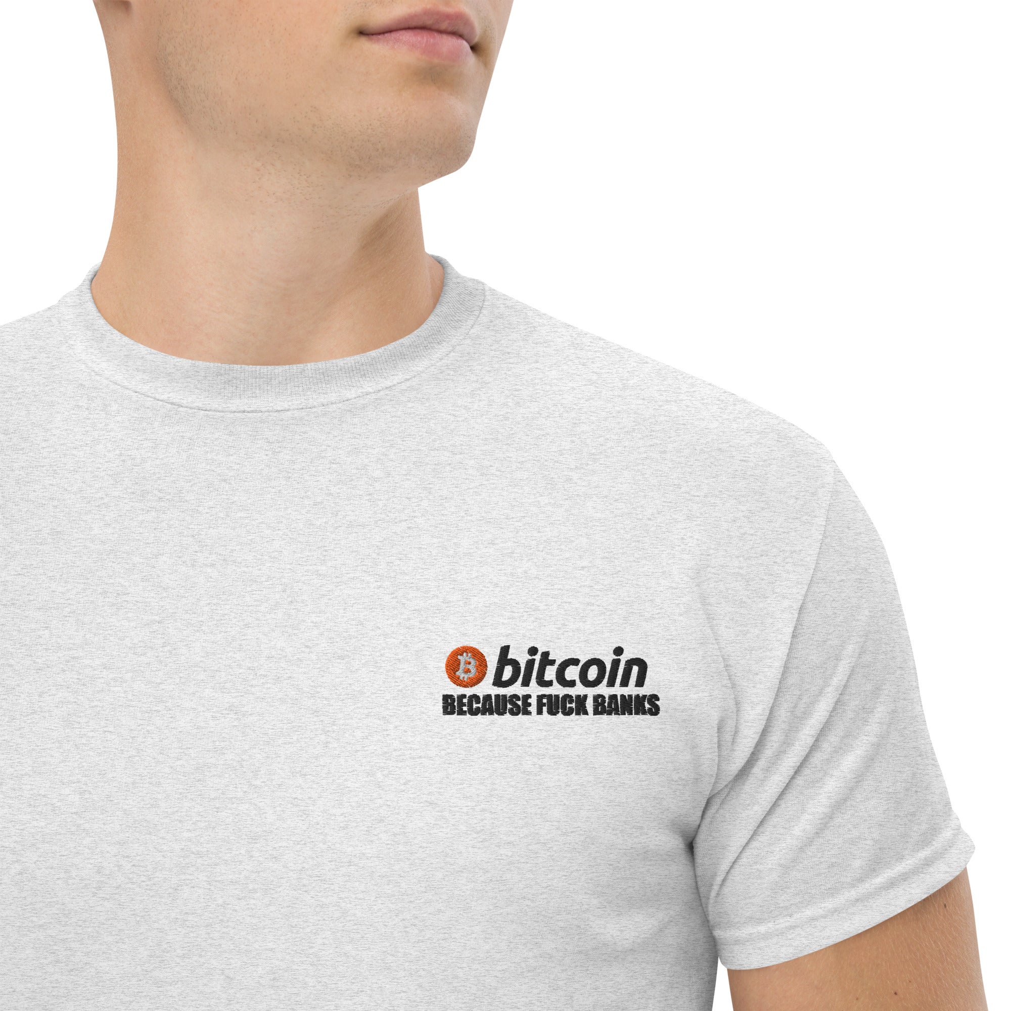 T-Shirt Unisex Ricamata 100% Cotone – Confortevole – Design Bitcoin Because Fuck Bank-Biiply