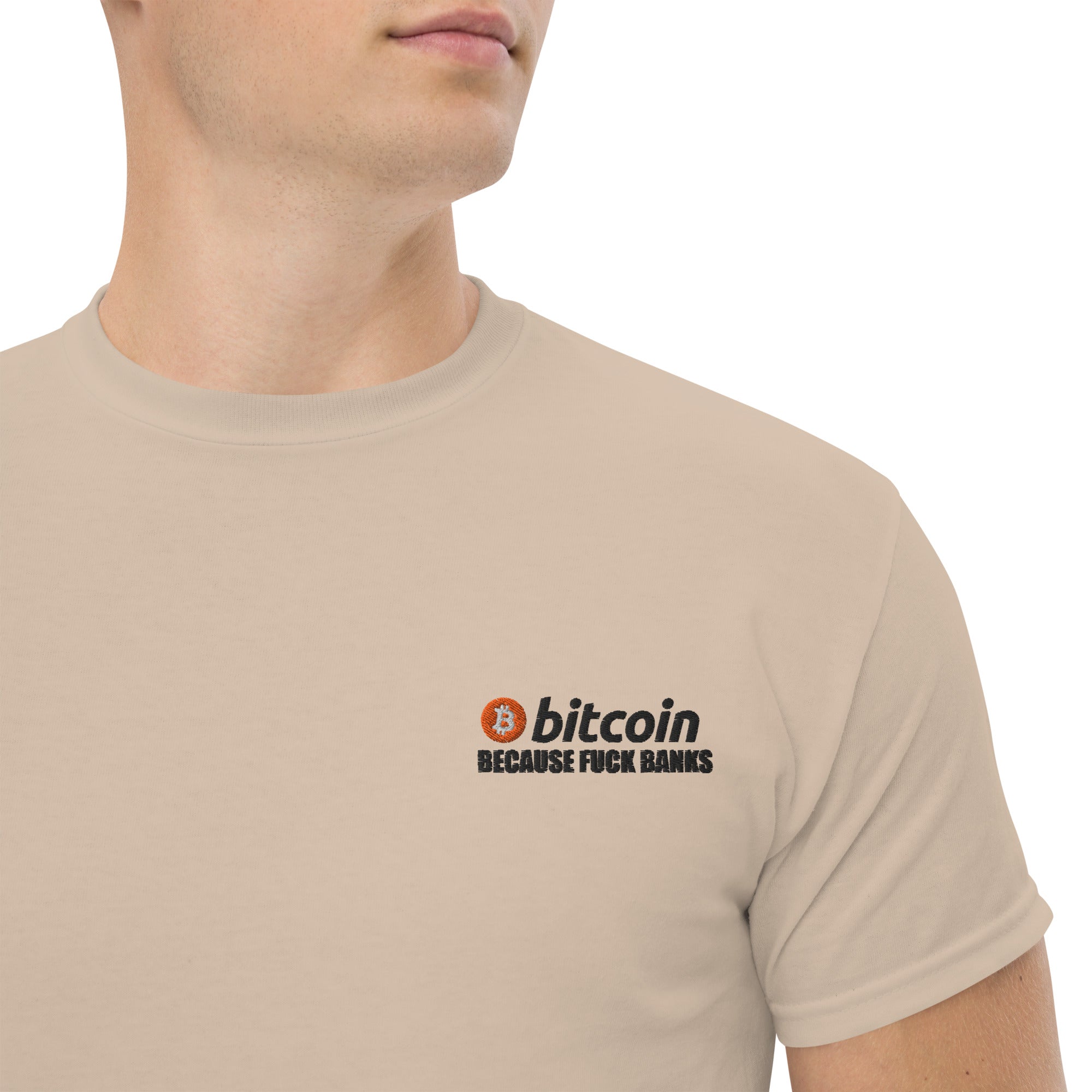 T-Shirt Unisex Ricamata 100% Cotone – Confortevole – Design Bitcoin Because Fuck Bank-Biiply