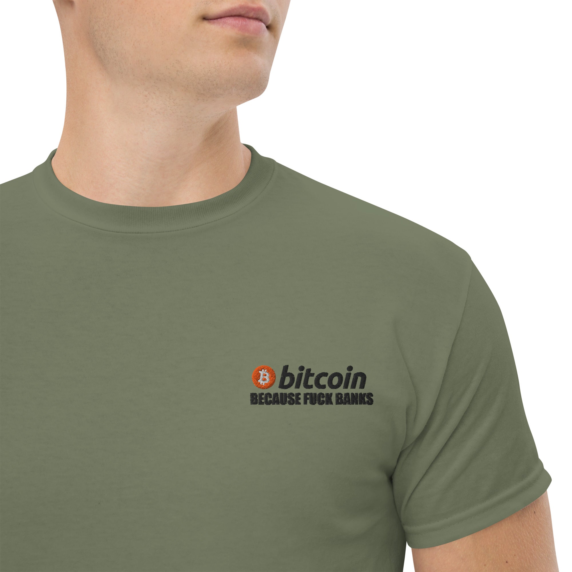 T-Shirt Unisex Ricamata 100% Cotone – Confortevole – Design Bitcoin Because Fuck Bank-Biiply