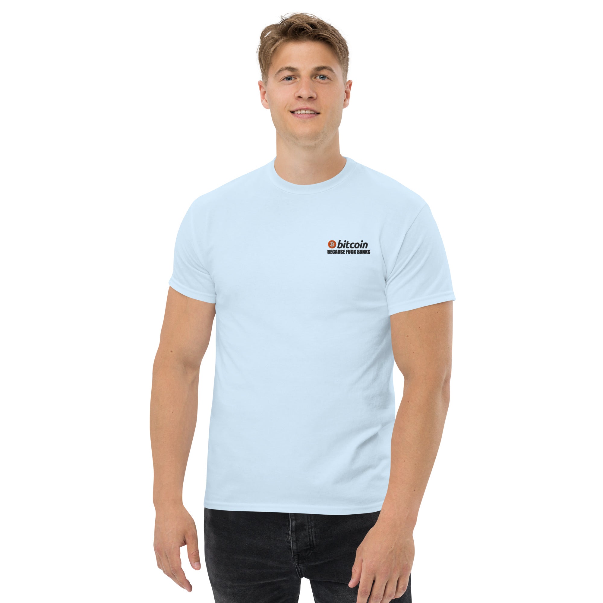 T-Shirt Unisex Ricamata 100% Cotone – Confortevole – Design Bitcoin Because Fuck Bank-Biiply