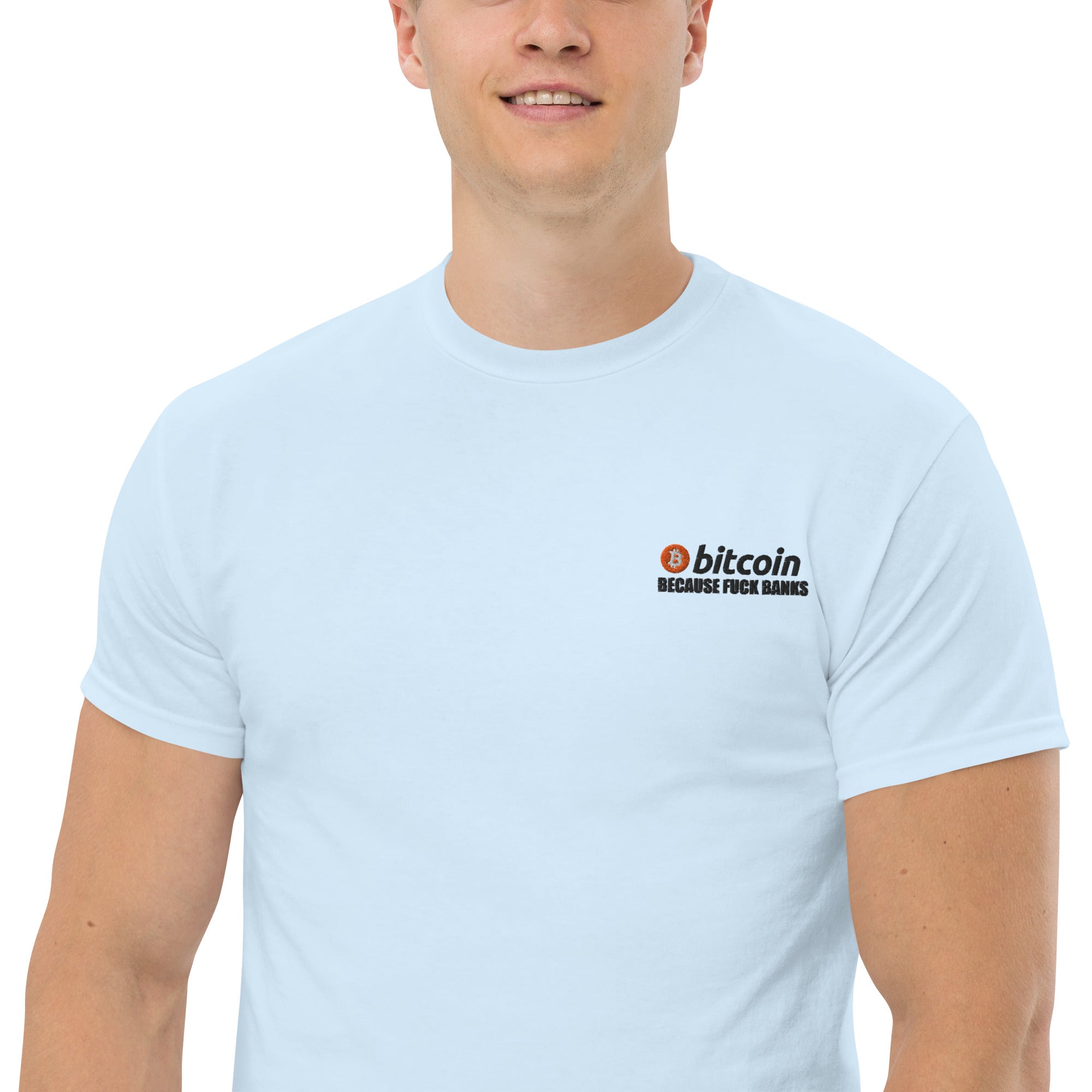 T-Shirt Unisex Ricamata 100% Cotone – Confortevole – Design Bitcoin Because Fuck Bank-Biiply