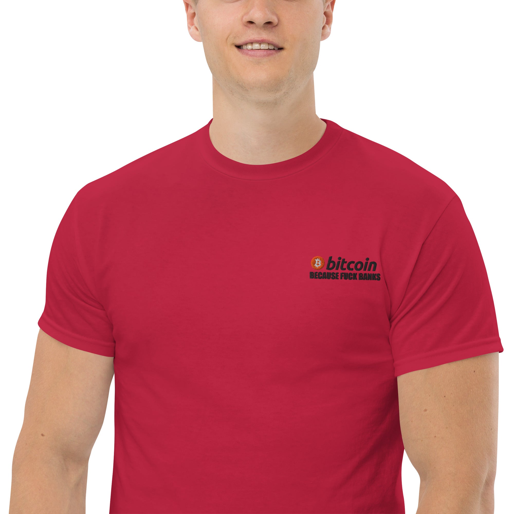 T-Shirt Unisex Ricamata 100% Cotone – Confortevole – Design Bitcoin Because Fuck Bank-Biiply