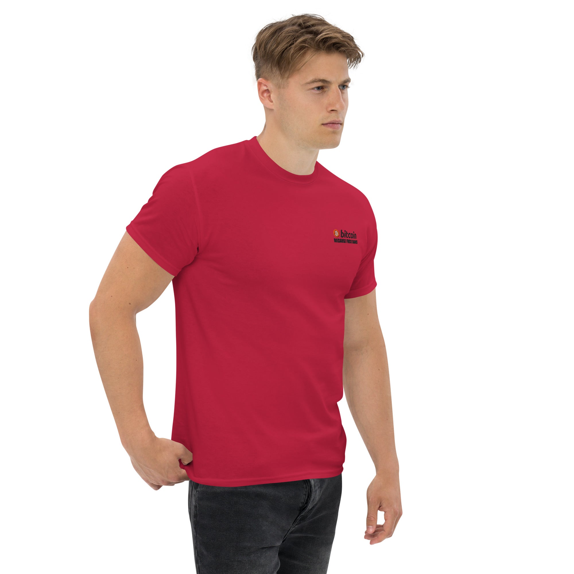 T-Shirt Unisex Ricamata 100% Cotone – Confortevole – Design Bitcoin Because Fuck Bank-Biiply