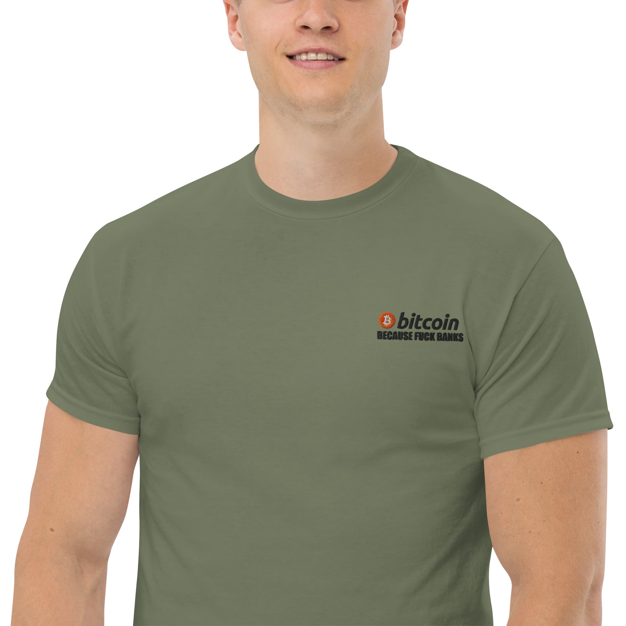 T-Shirt Unisex Ricamata 100% Cotone – Confortevole – Design Bitcoin Because Fuck Bank-Biiply