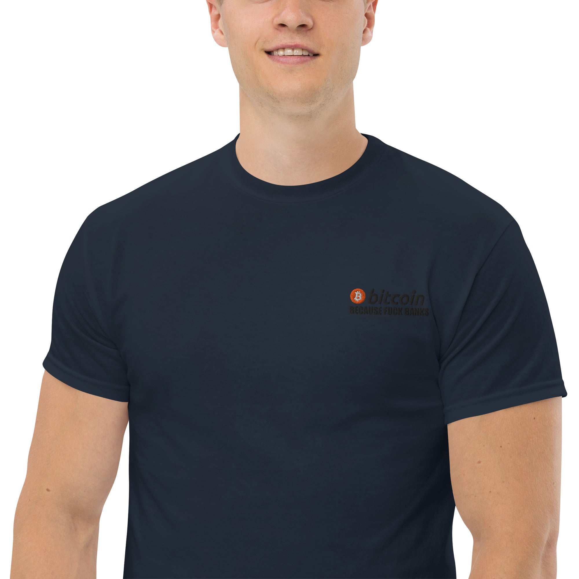 T-Shirt Unisex Ricamata 100% Cotone – Confortevole – Design Bitcoin Because Fuck Bank-Biiply
