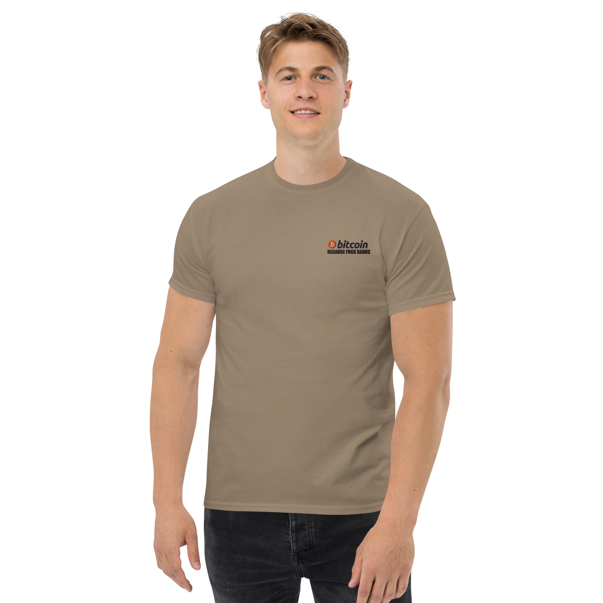 T-Shirt Unisex Ricamata 100% Cotone – Confortevole – Design Bitcoin Because Fuck Bank-Biiply