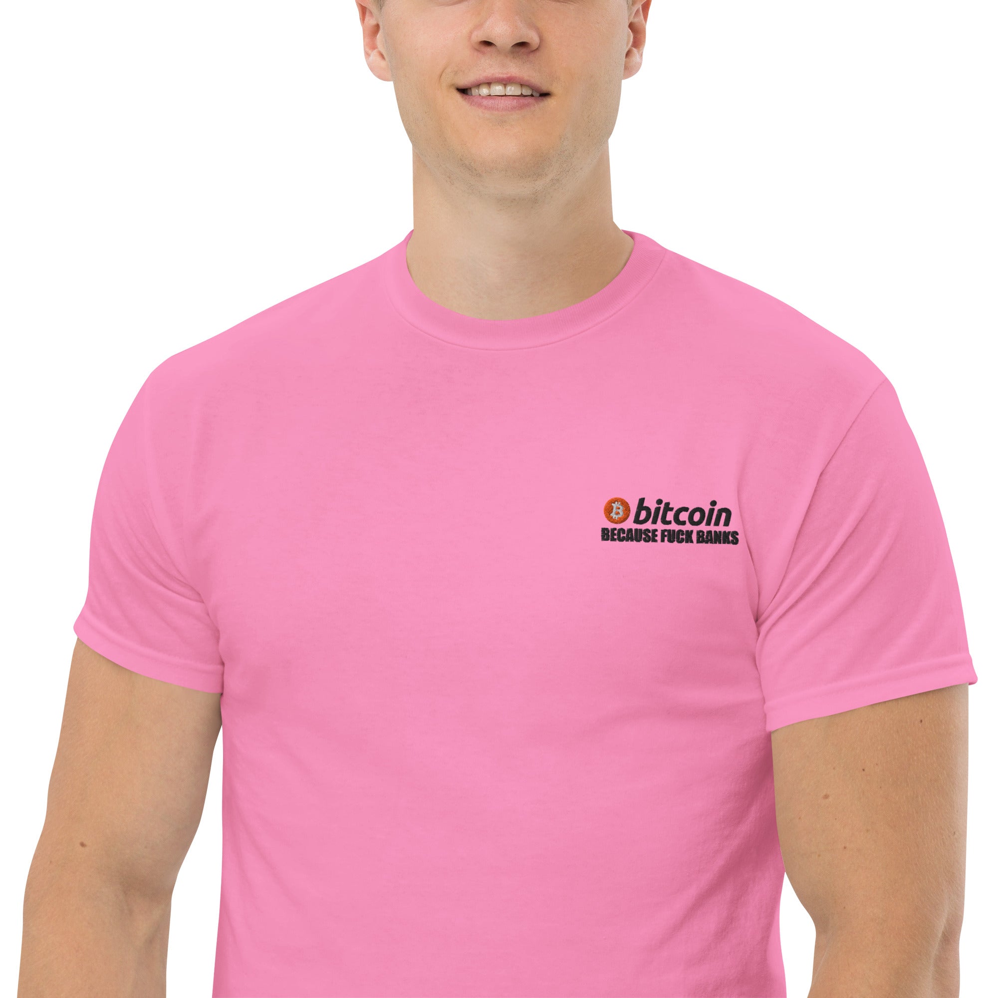 T-Shirt Unisex Ricamata 100% Cotone – Confortevole – Design Bitcoin Because Fuck Bank-Biiply