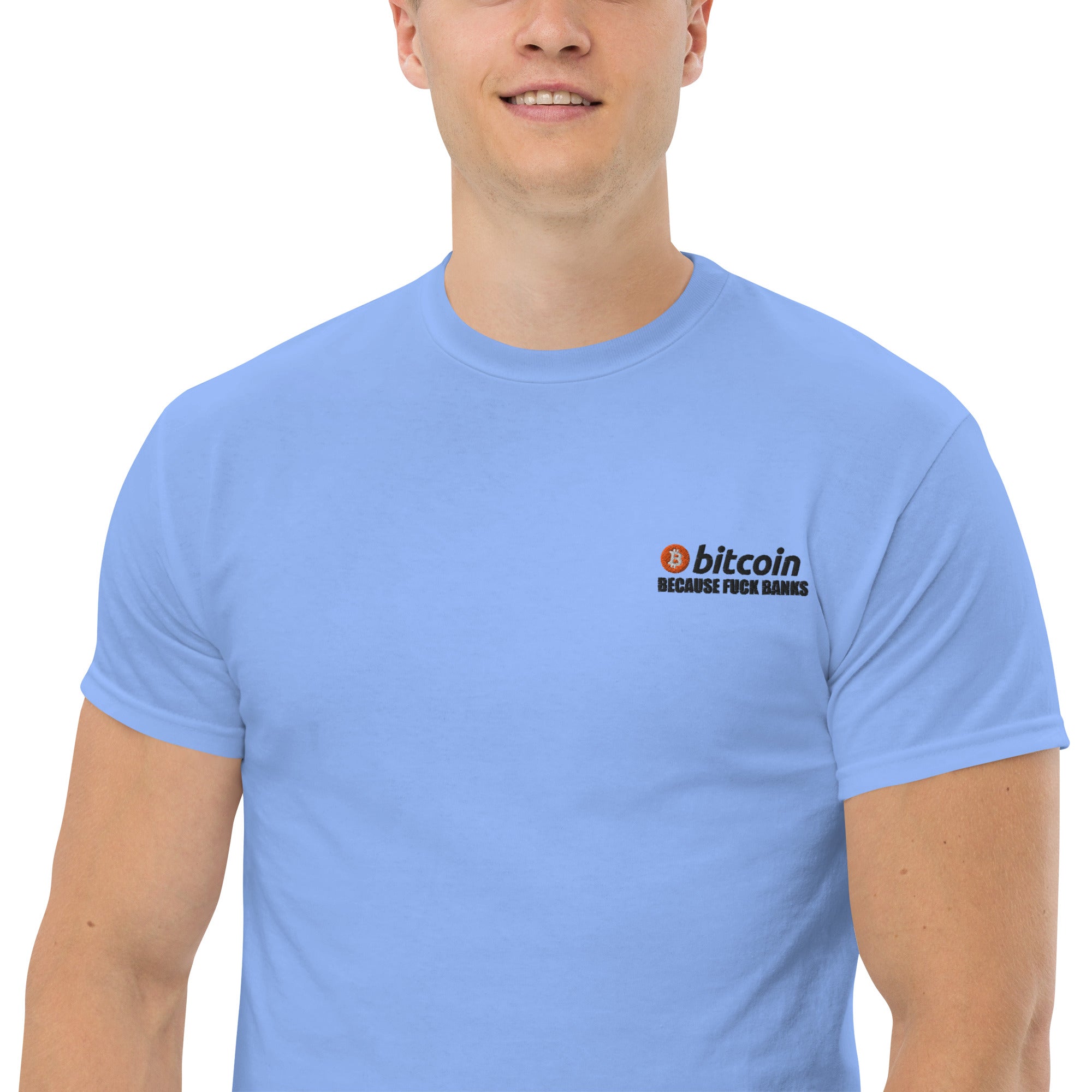 T-Shirt Unisex Ricamata 100% Cotone – Confortevole – Design Bitcoin Because Fuck Bank-Biiply