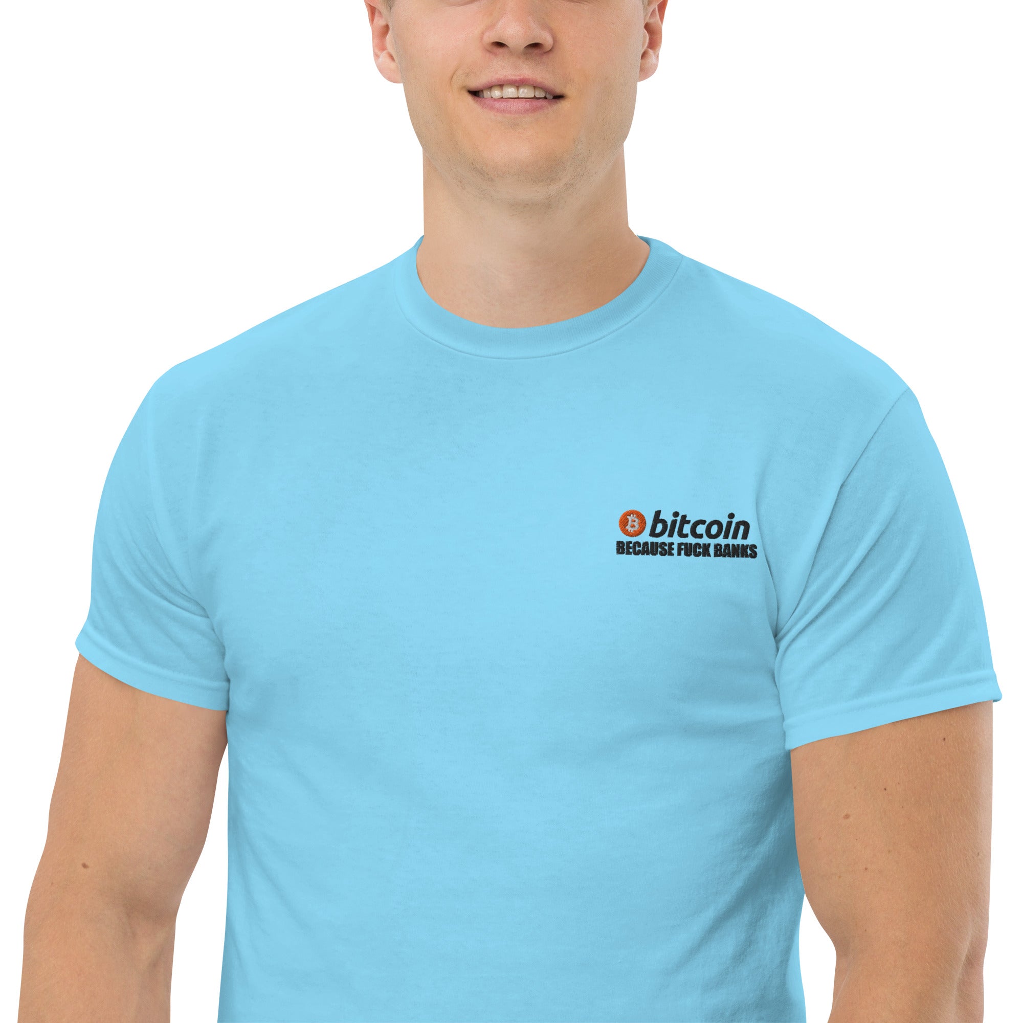 T-Shirt Unisex Ricamata 100% Cotone – Confortevole – Design Bitcoin Because Fuck Bank-Biiply