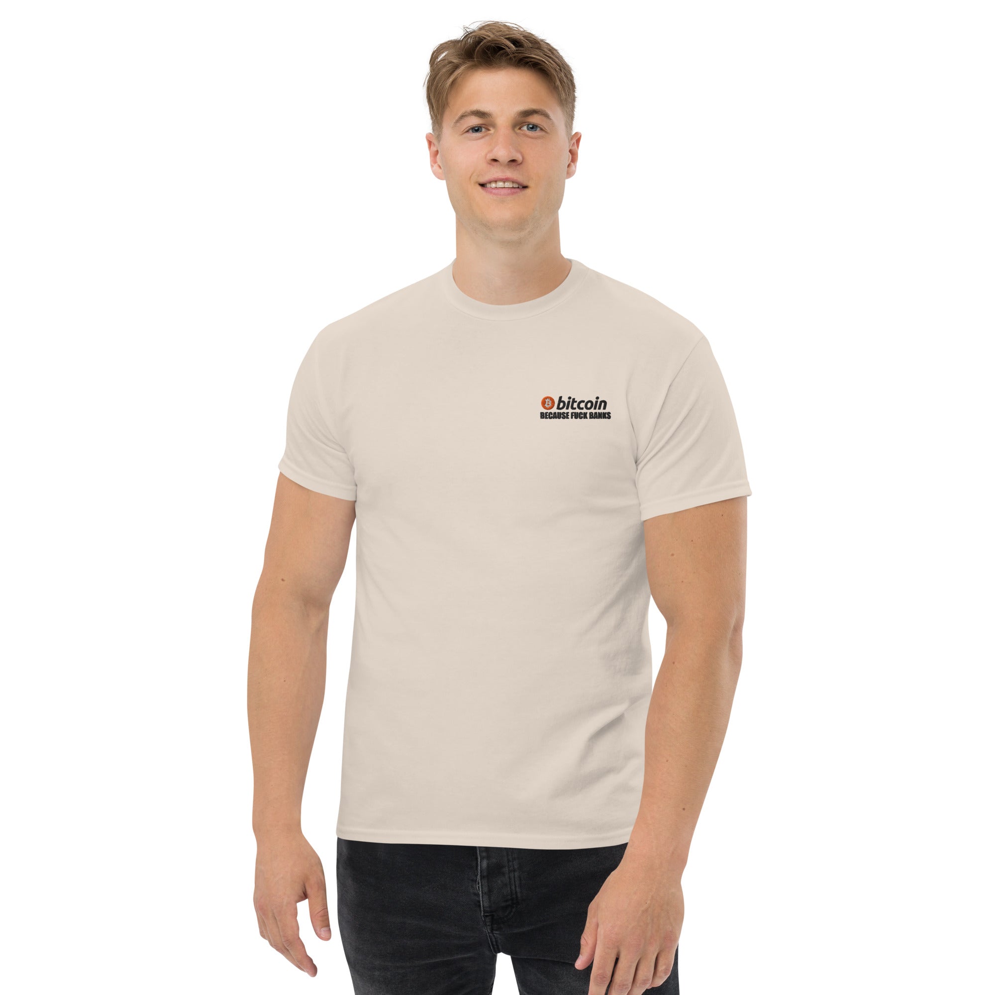 T-Shirt Unisex Ricamata 100% Cotone – Confortevole – Design Bitcoin Because Fuck Bank-Biiply