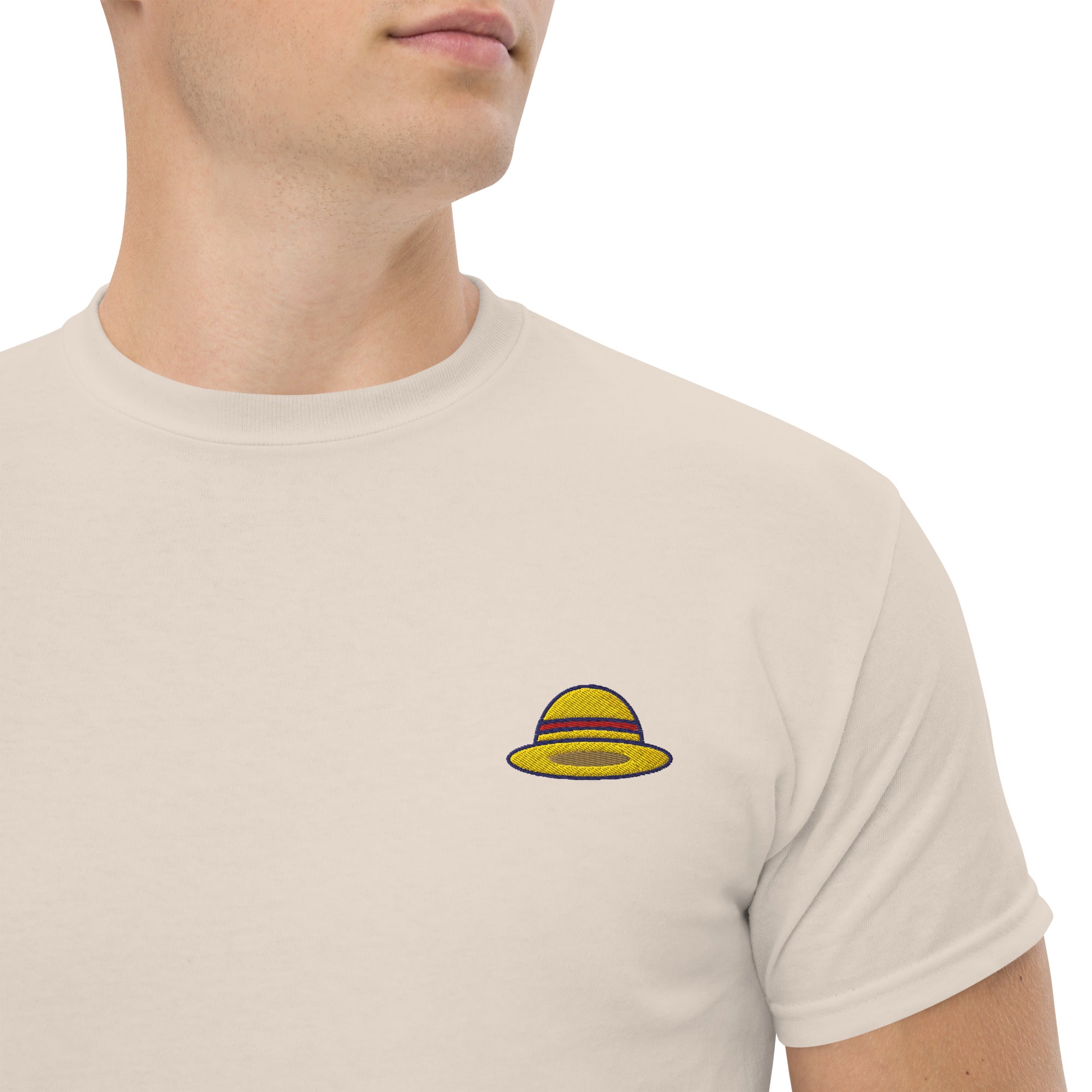 T-Shirt Unisex Ricamata 100% Cotone – Confortevole – Design Design Cappello di Paglia-Biiply