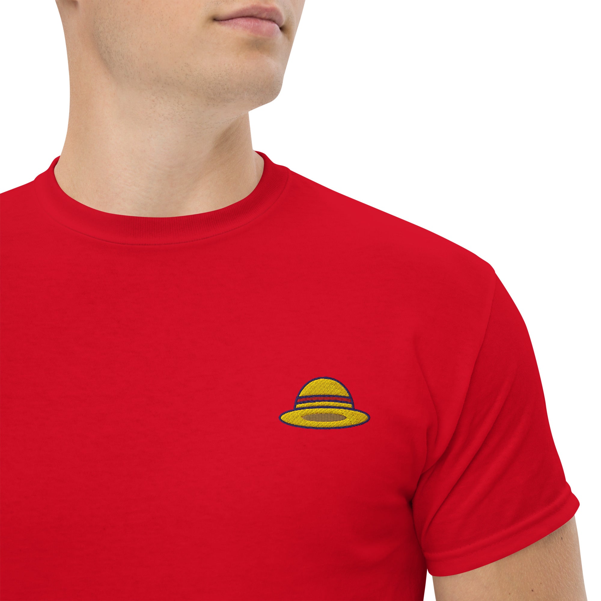 T-Shirt Unisex Ricamata 100% Cotone – Confortevole – Design Design Cappello di Paglia-Biiply